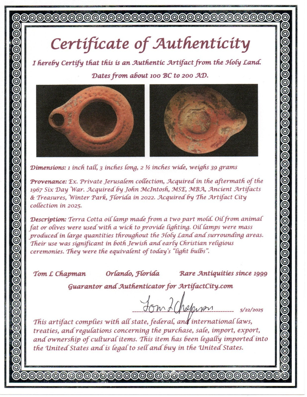 Ancient Holy Land Oil Lamp Artifact Land of Jesus Christ 100 BC-200 AD COA J148