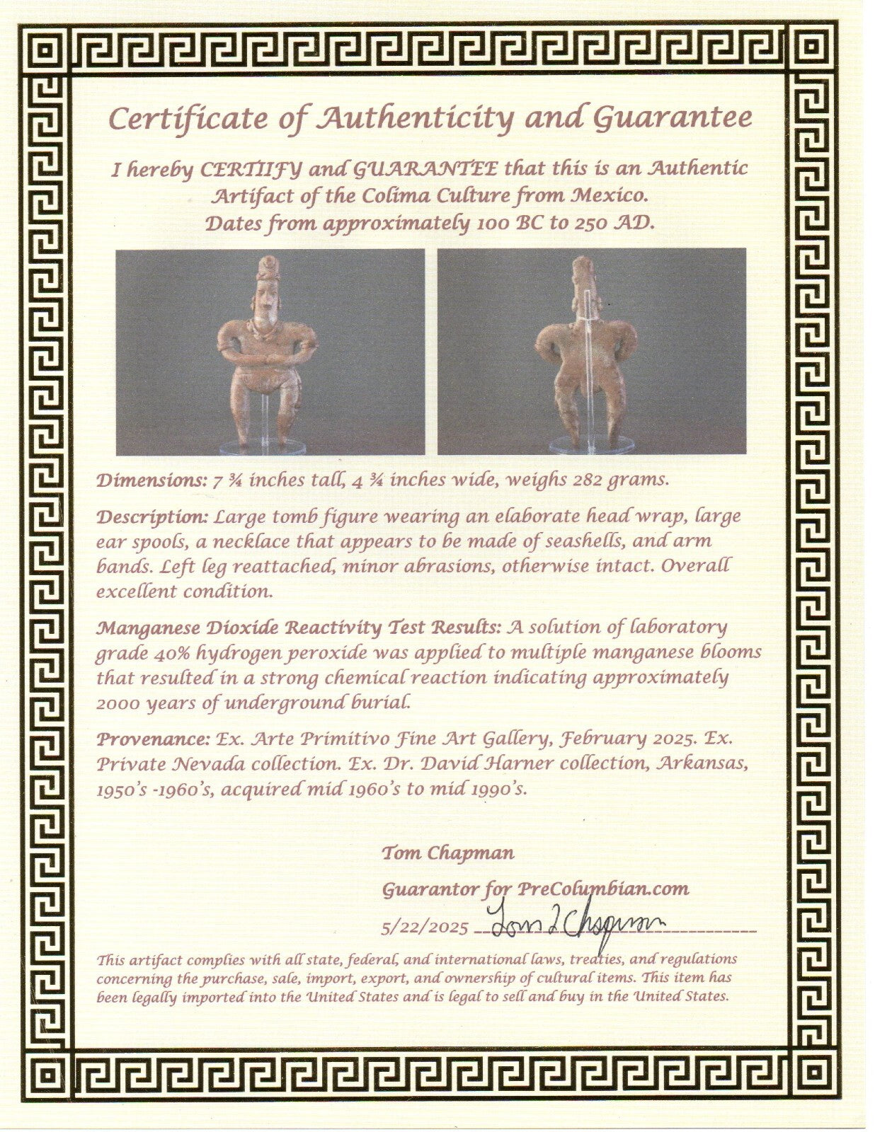 Pre Columbian Authentic Artifact Tomb Figure Colima Mexico 100 BC-250 AD COA 158