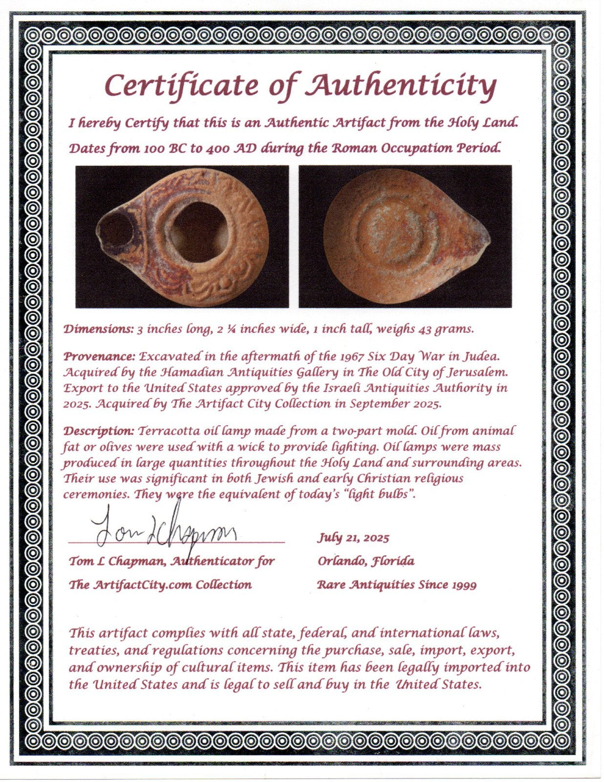 Ancient Holy Land Oil Lamp Artifact Jesus Christ Homeland 100BC-400AD COA 17