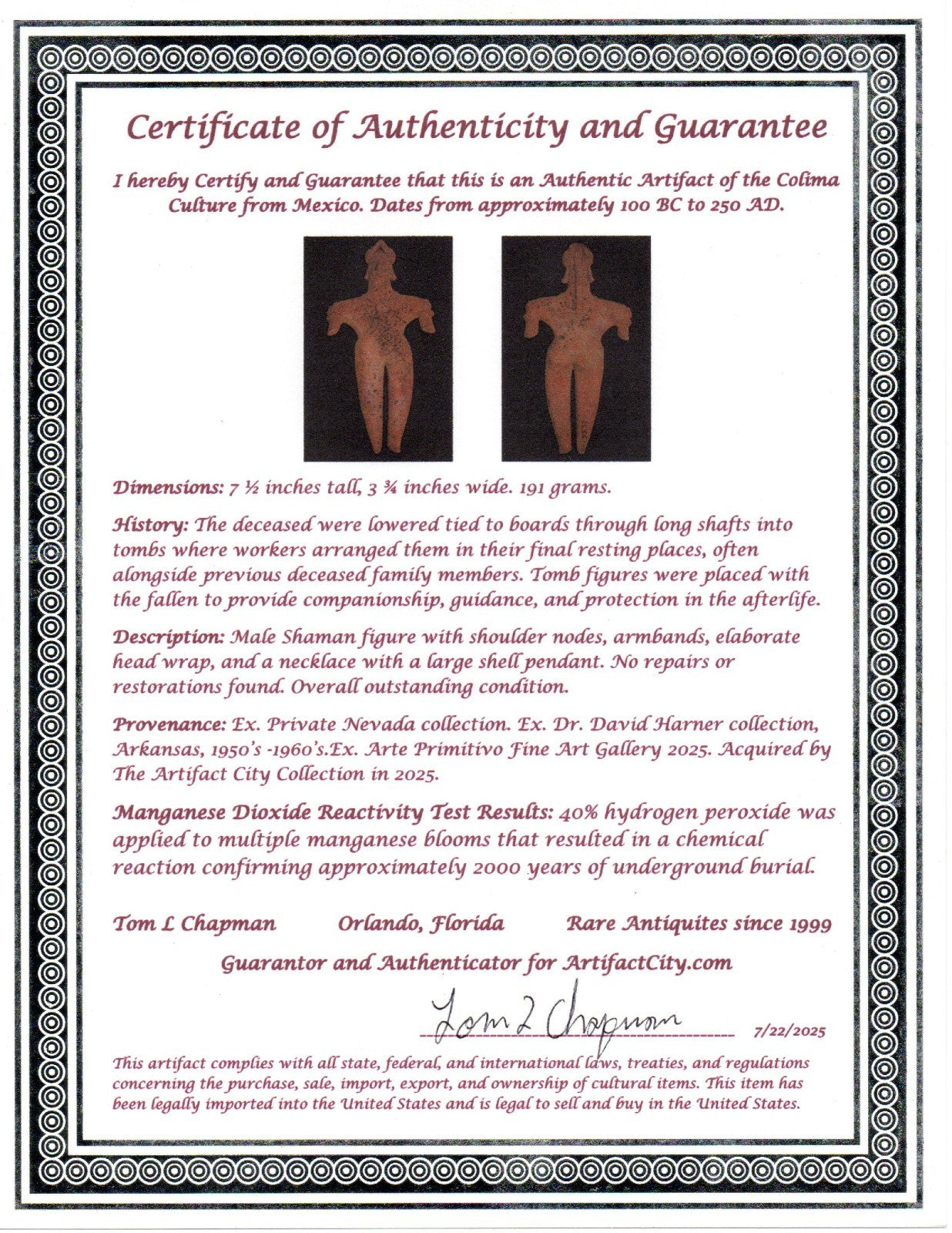 Pre Columbian Artifact 7 Inch Shaman Tomb Figure Colima Mexico 100 BC COA 234