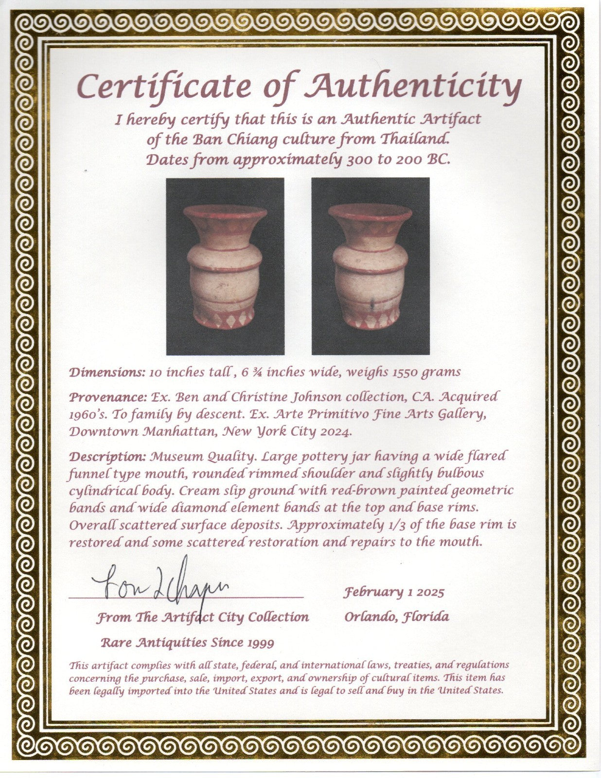 Large Ban Chiang Thailand Artifact Very Rare Pottery Jar 300-200 BC COA T122