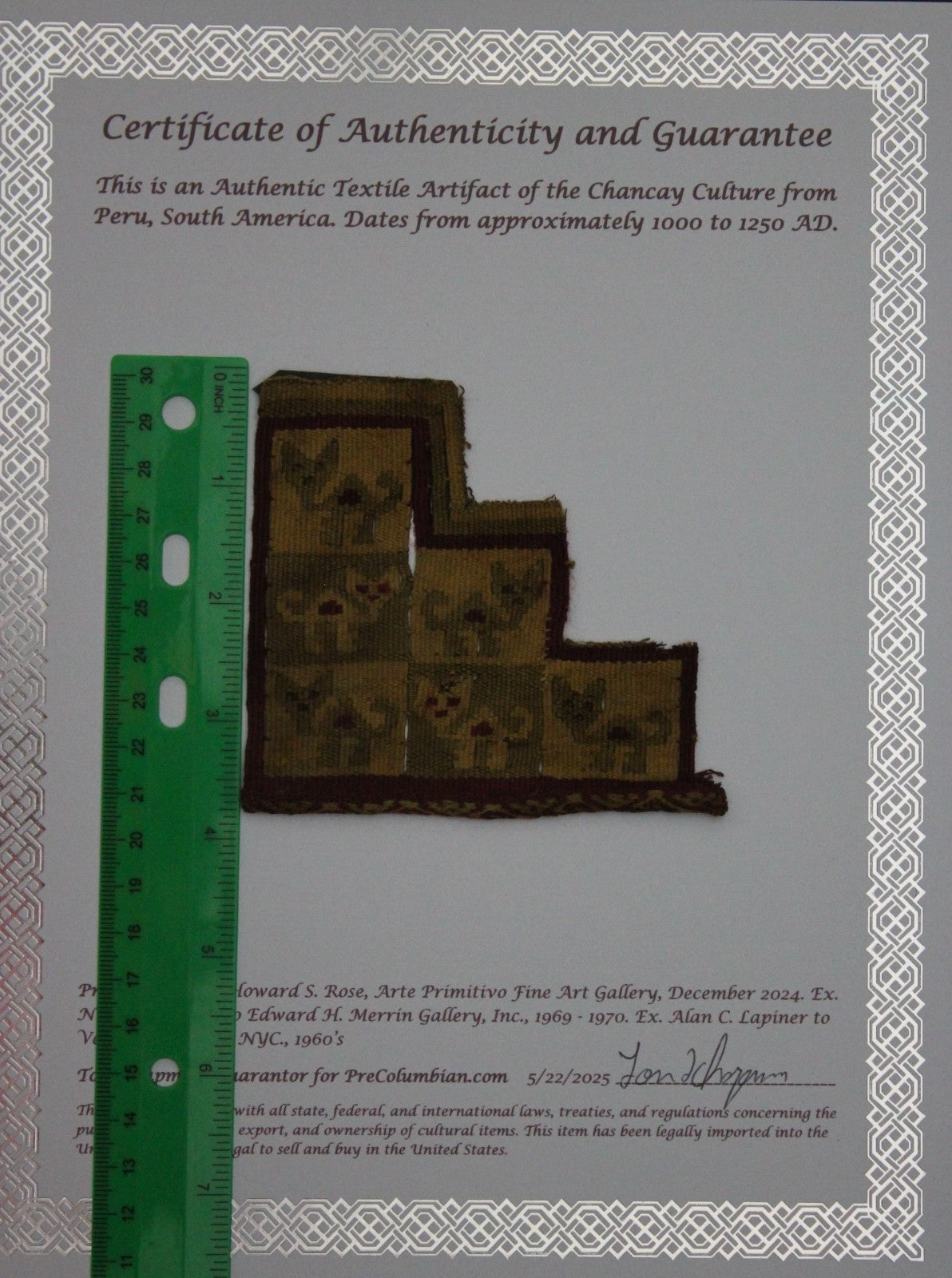 Pre Columbian Authentic Artifact Frameable Textile Border Chancay Peru COA 04