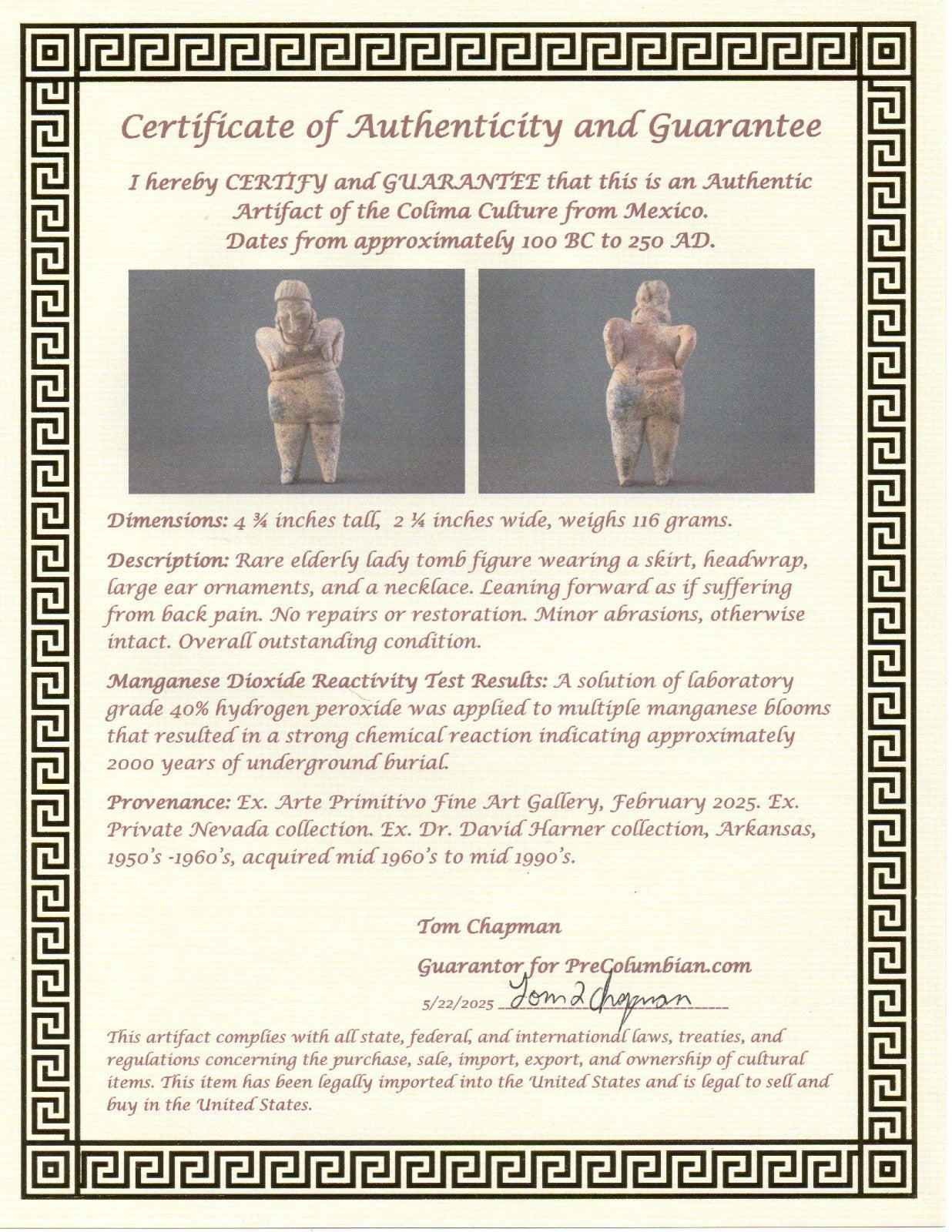 Pre Columbian Authentic Artifact Rare Grandma Tomb Figure Colima Mexico COA 201