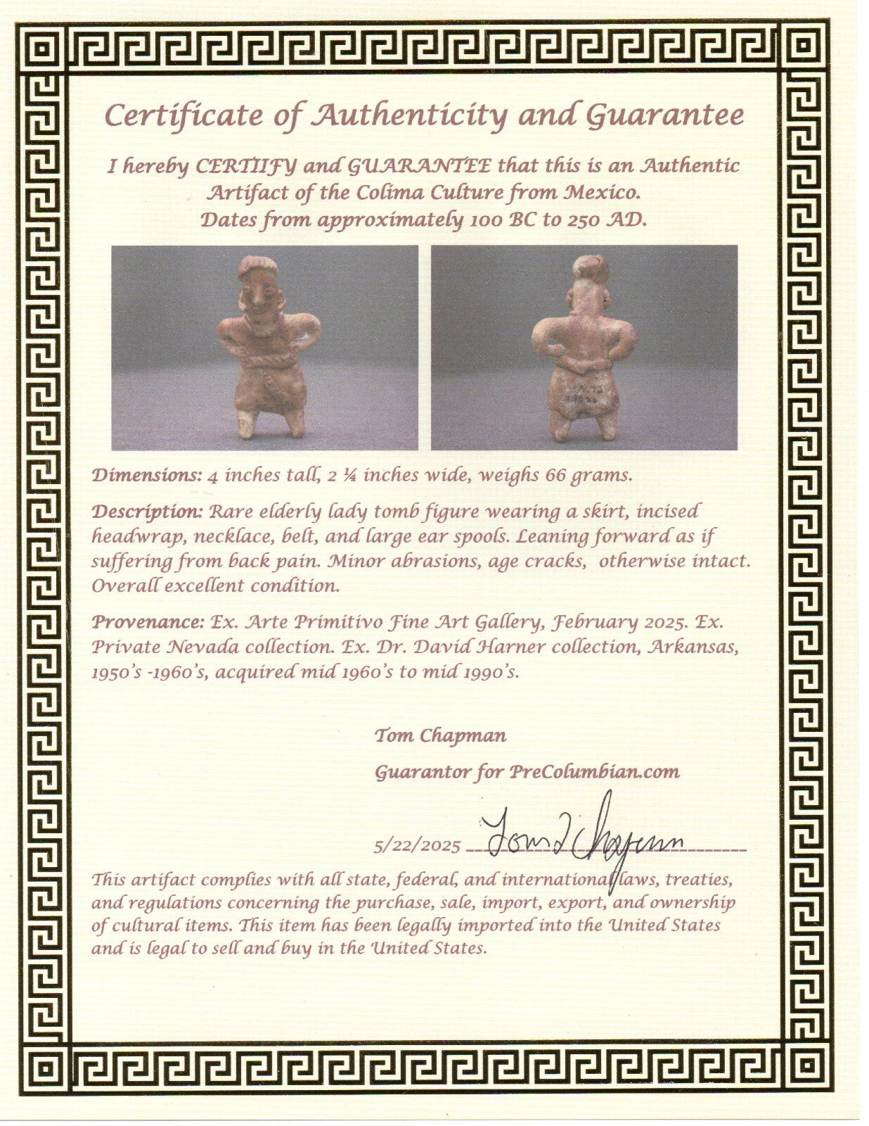 Pre Columbian Artifact Authentic Rare Grandma Tomb Figure Colima Mexico  COA 154