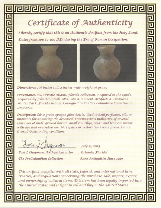 Authentic Ancient Holy Land Artifact Glass Bottle 100-300 AD Roman Era COA J17