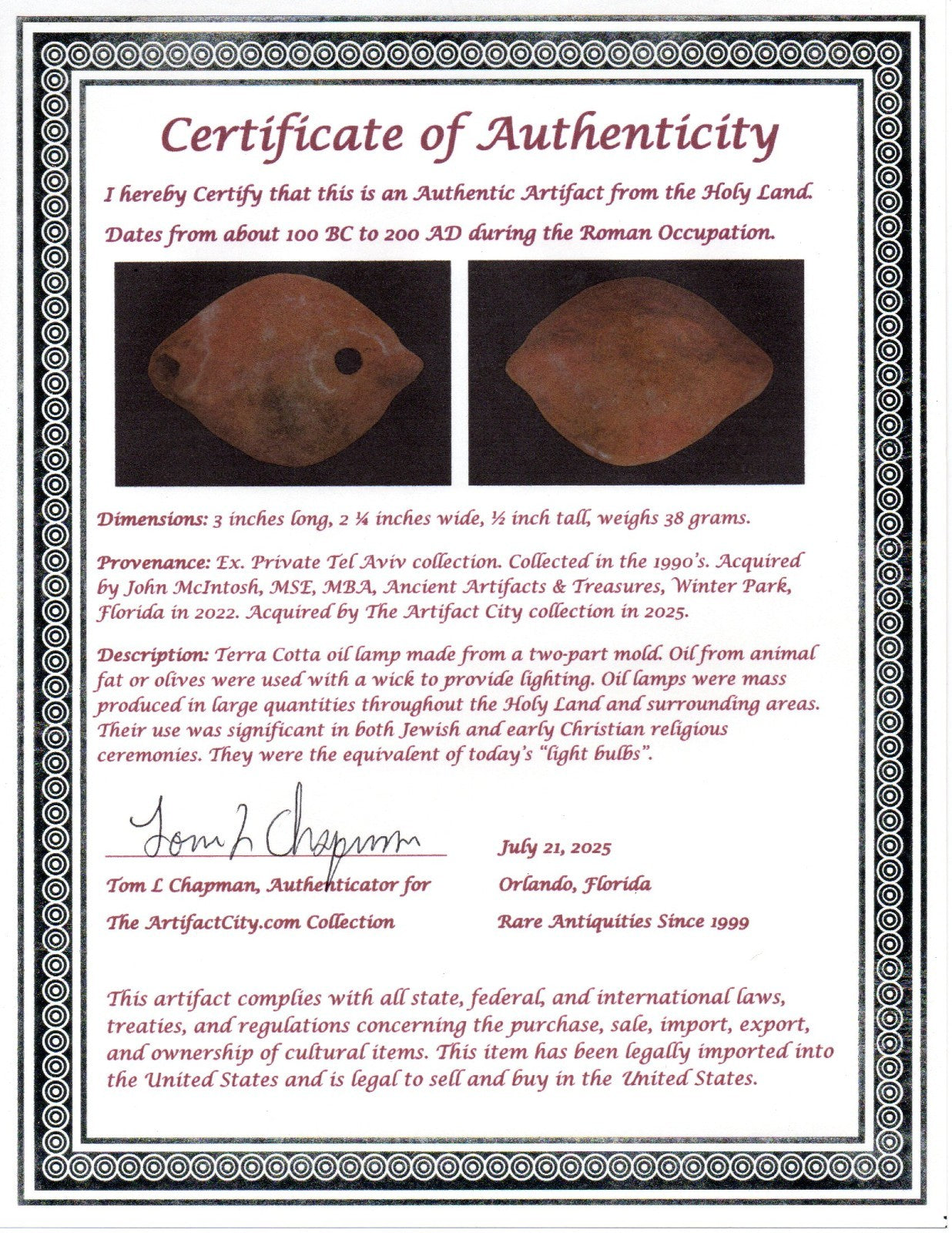 Ancient Holy Land Oil Lamp Artifact Jesus Christ Homeland 100BC-200AD COA 46