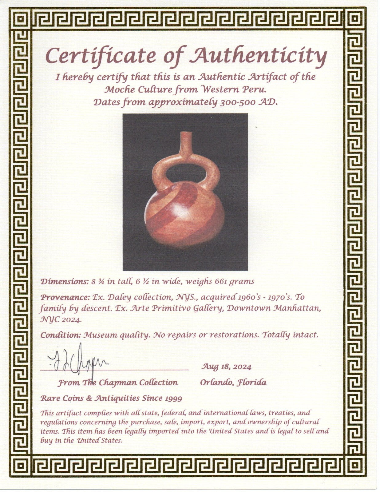 Pre Columbian Authentic Artifact Stirrup Vessel Moche Ex Arte Primitivo COA T32