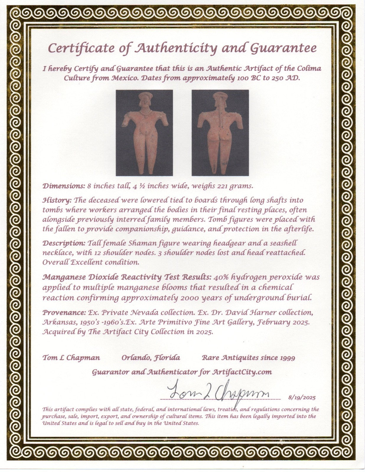 Pre Columbian Artifact 8in Female Shaman Tomb Figure Colima Mexico 100BC COA 255