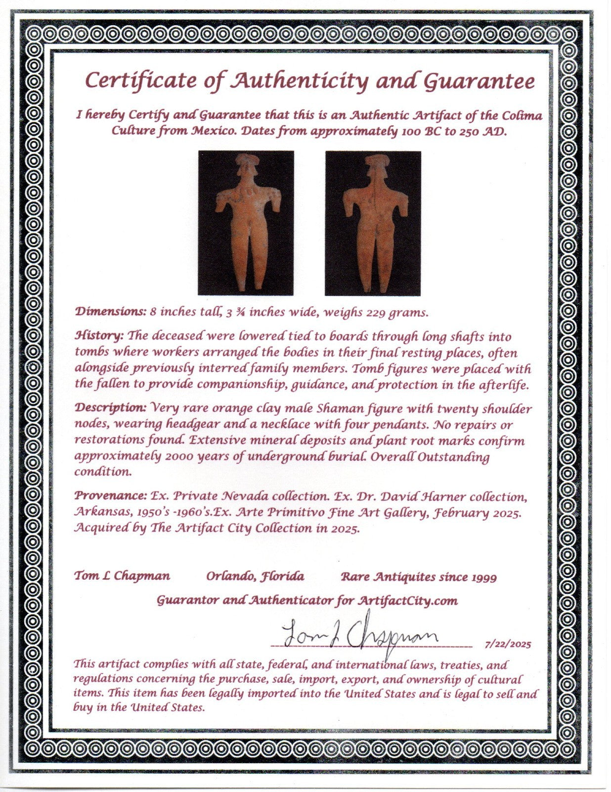 Pre Columbian Artifact 8 Inch Shaman Tomb Figure Colima Mexico 100 BC COA 249