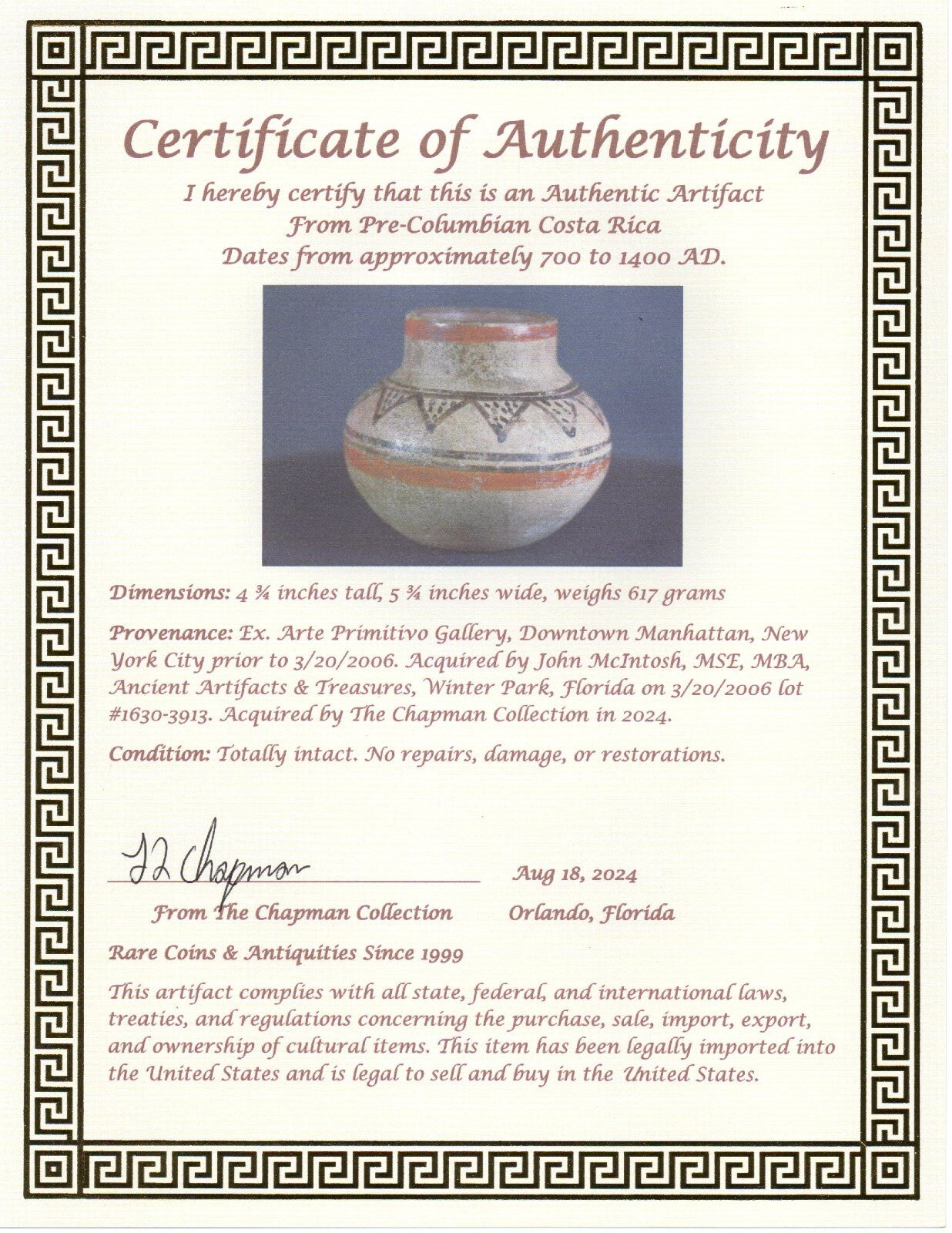 Pre Columbian Authentic Artifact Decorated Bowl Costa Rica 700-1400 AD COA J99