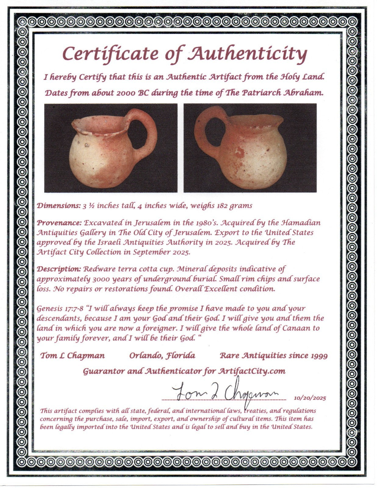 Time Of Abraham Holy Land Artifact Ancient 4000 Year Old Cup 2000 BC COA 25