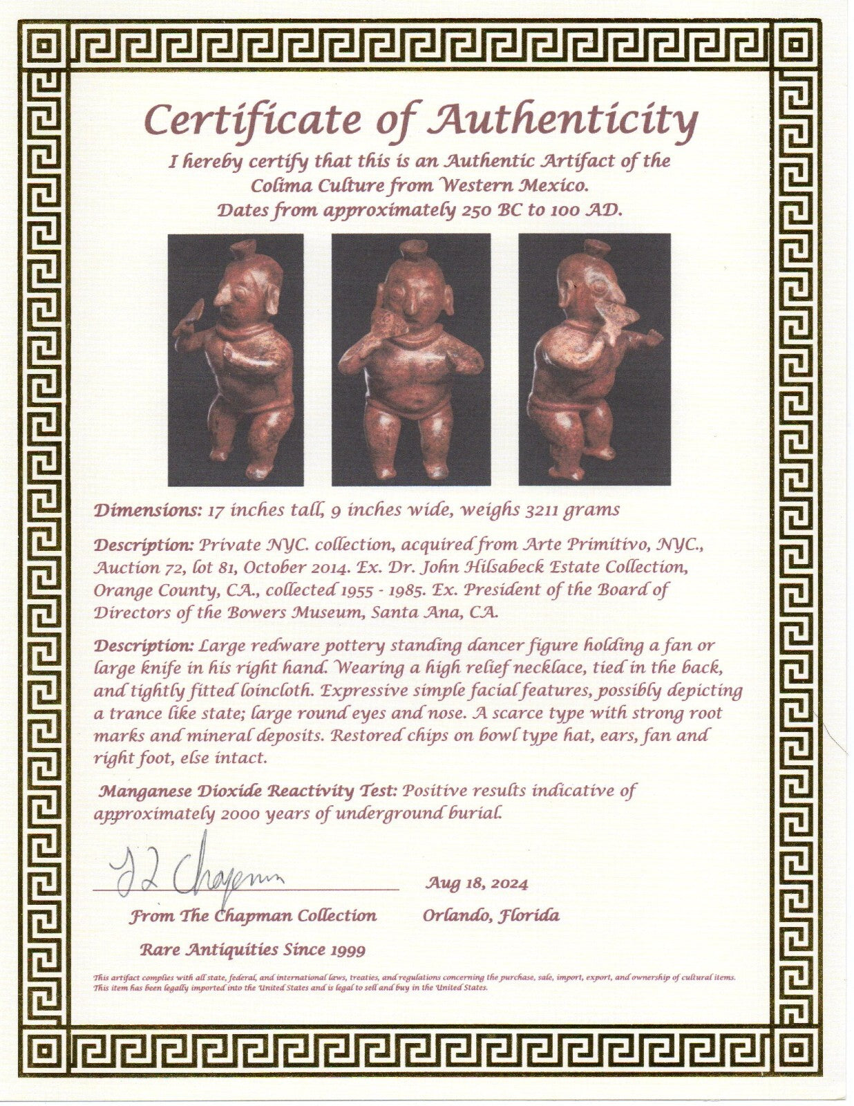 Ex Museum President Authentic Pre Columbian Artifact Giant Colima Dancer COA T06