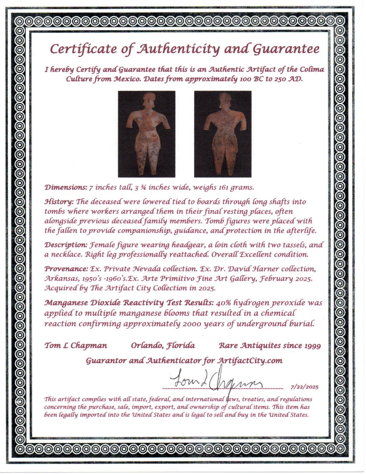 Pre Columbian Artifact 7 Inch Female Tomb Figure Colima Mexico 100 BC COA 247