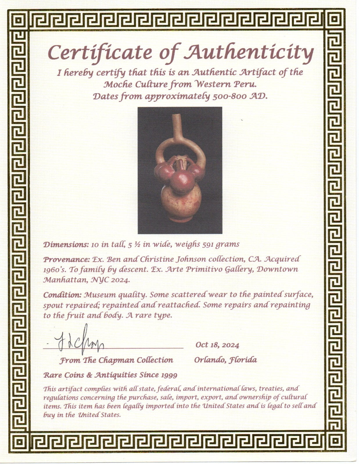 Pre Columbian Authentic Artifact Fruit Vessel Moche Ex Arte Primitivo COA T52