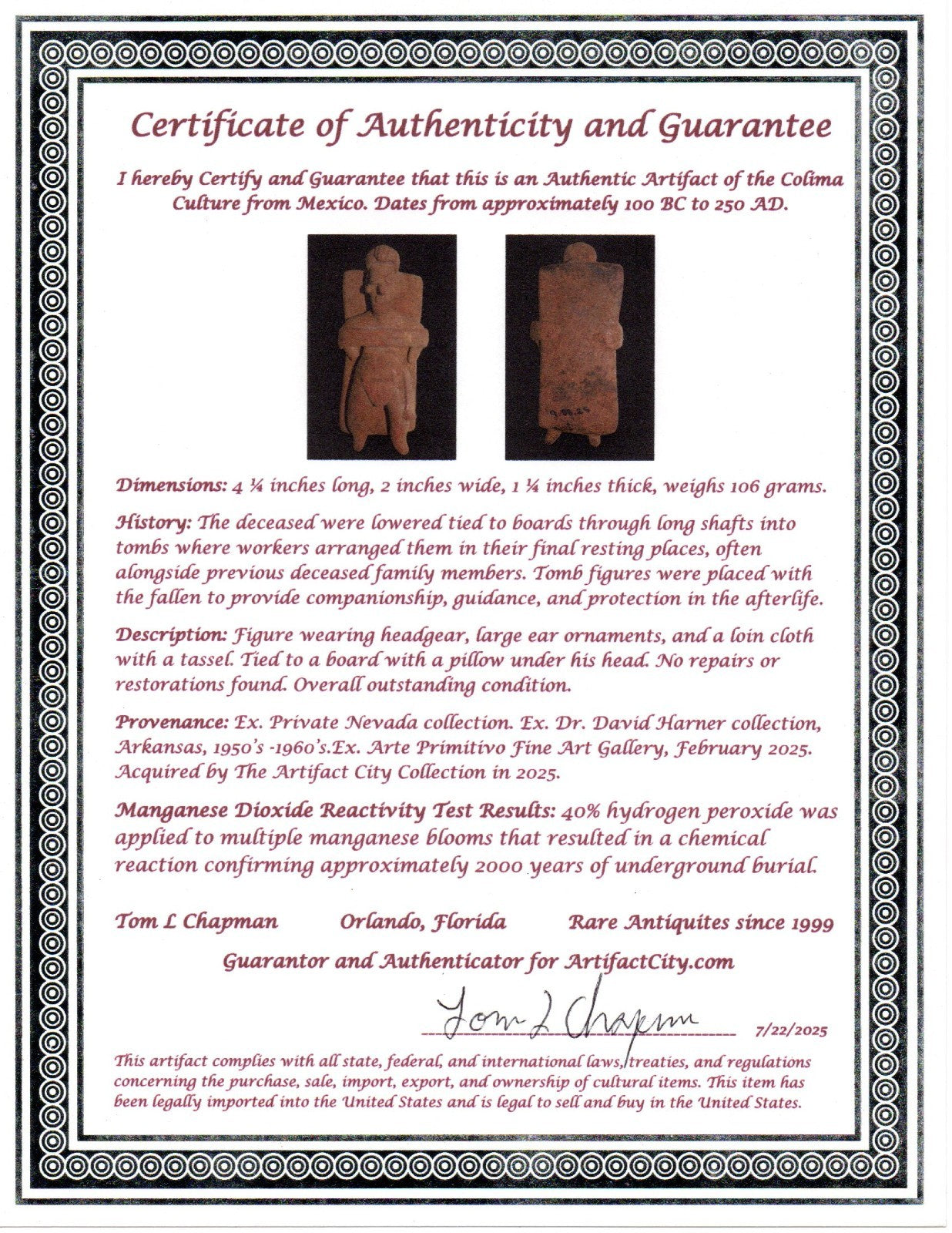 Pre Columbian Artifact Authentic Tomb Burial Figure Colima Mexico 100 BC COA 228