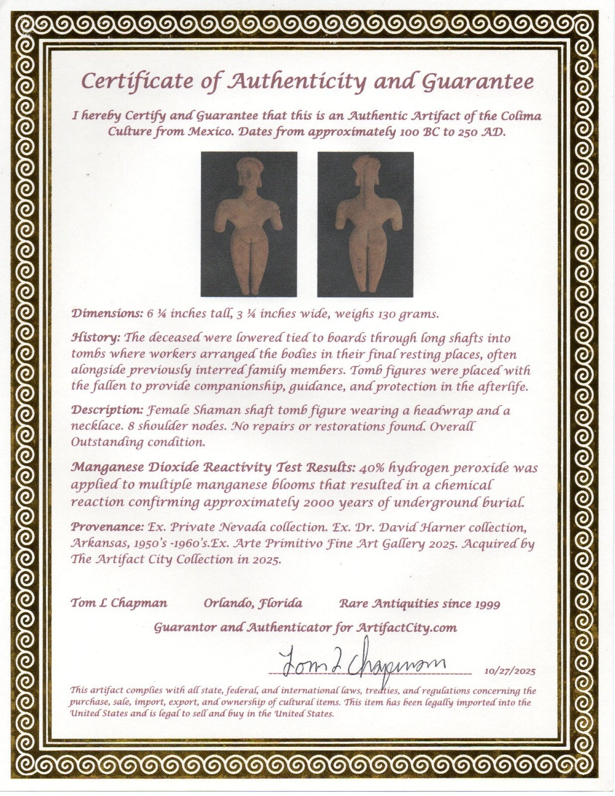 Pre Columbian Artifact 6 Inch Tall Shaft Tomb Figure Colima Mexico 100BC COA 281