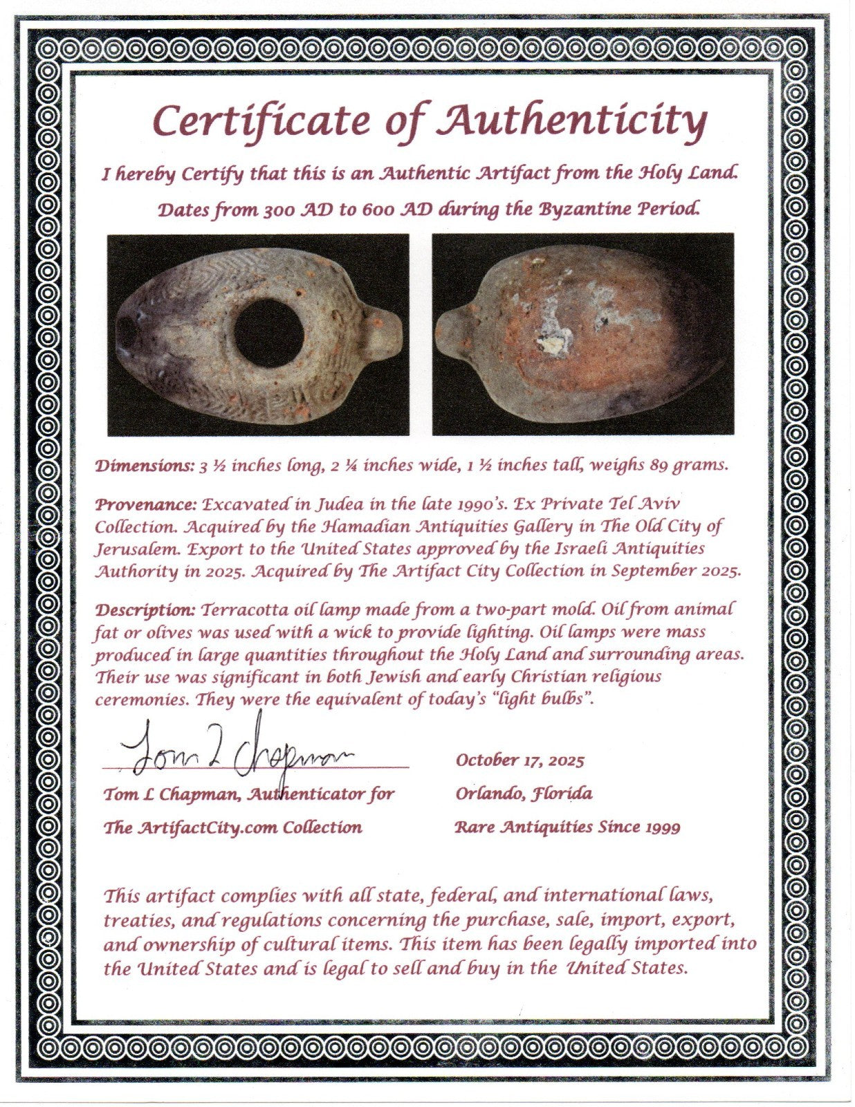 Oil Lamp Holy Land Ancient Artifact Jesus Christ Home Israel 300-600 AD COA 137