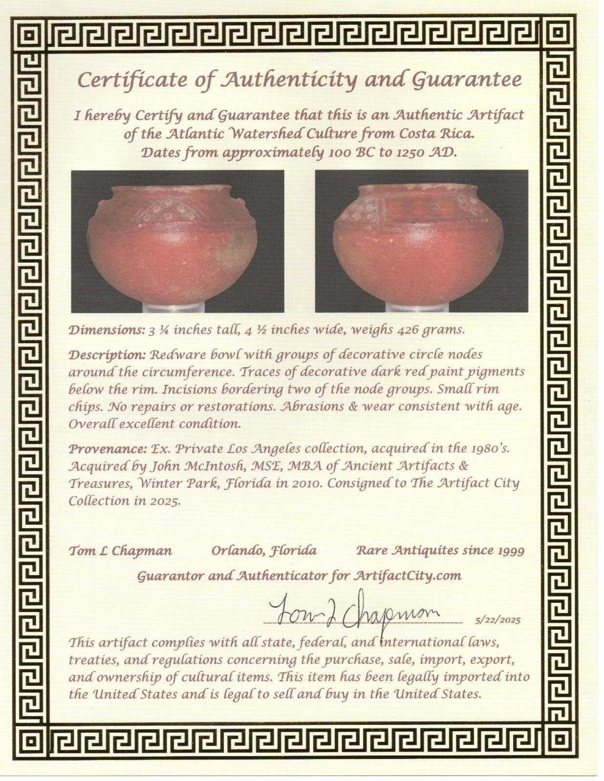 Pre Columbian Real Authentic Artifact Bowl Atlantic Watershed Costa Rica COA J83