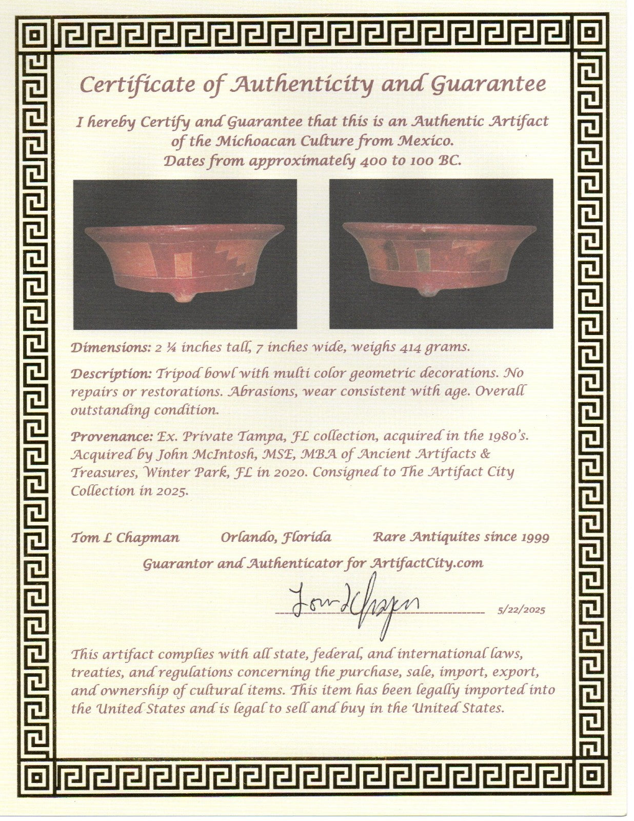 Pre Columbian Authentic Artifact Michoacan Bowl Mexico 400 to 100 BC COA J78