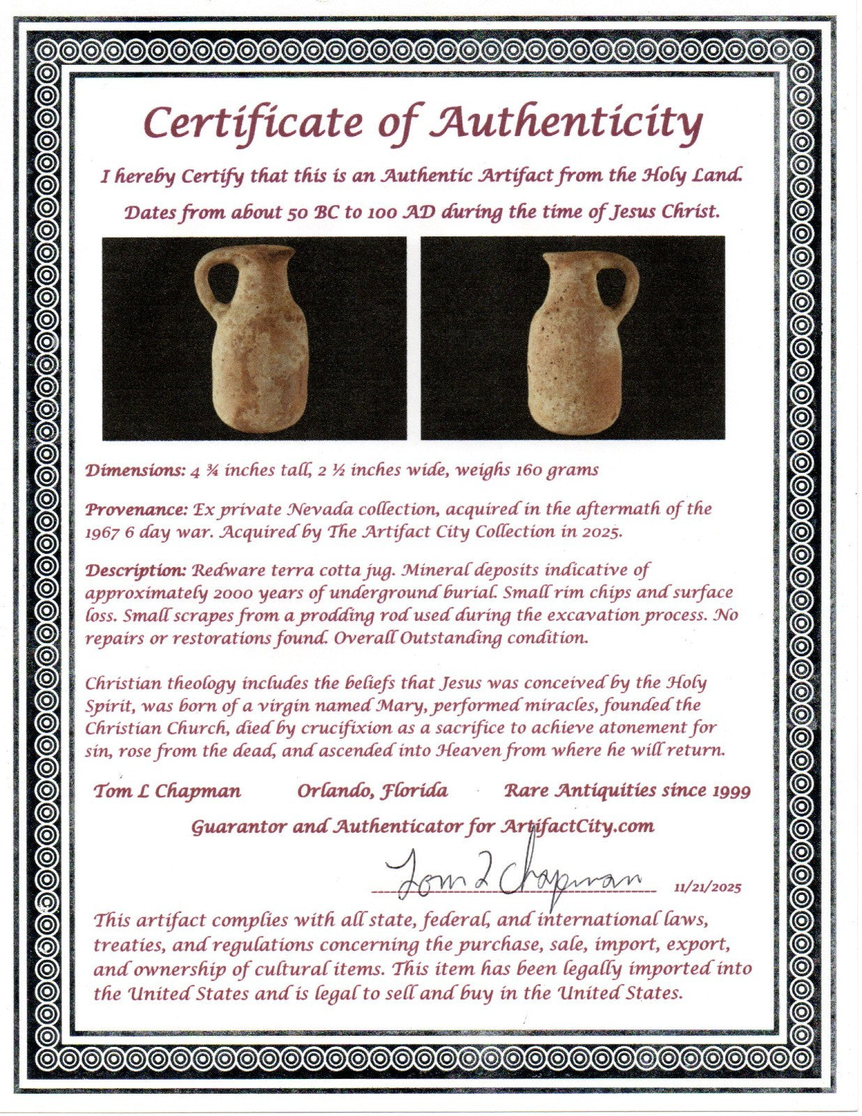 Time of Jesus Christ Ancient Holy Land Artifact Herodian Jug 50BC - 100AD COA 27