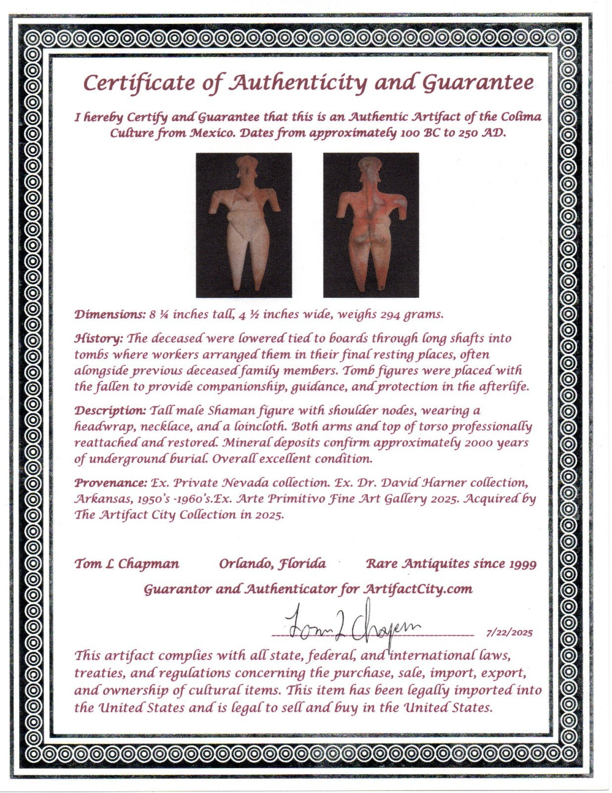 Pre Columbian Artifact 8 Inch Shaman Tomb Figure Colima Mexico 100 BC COA 236