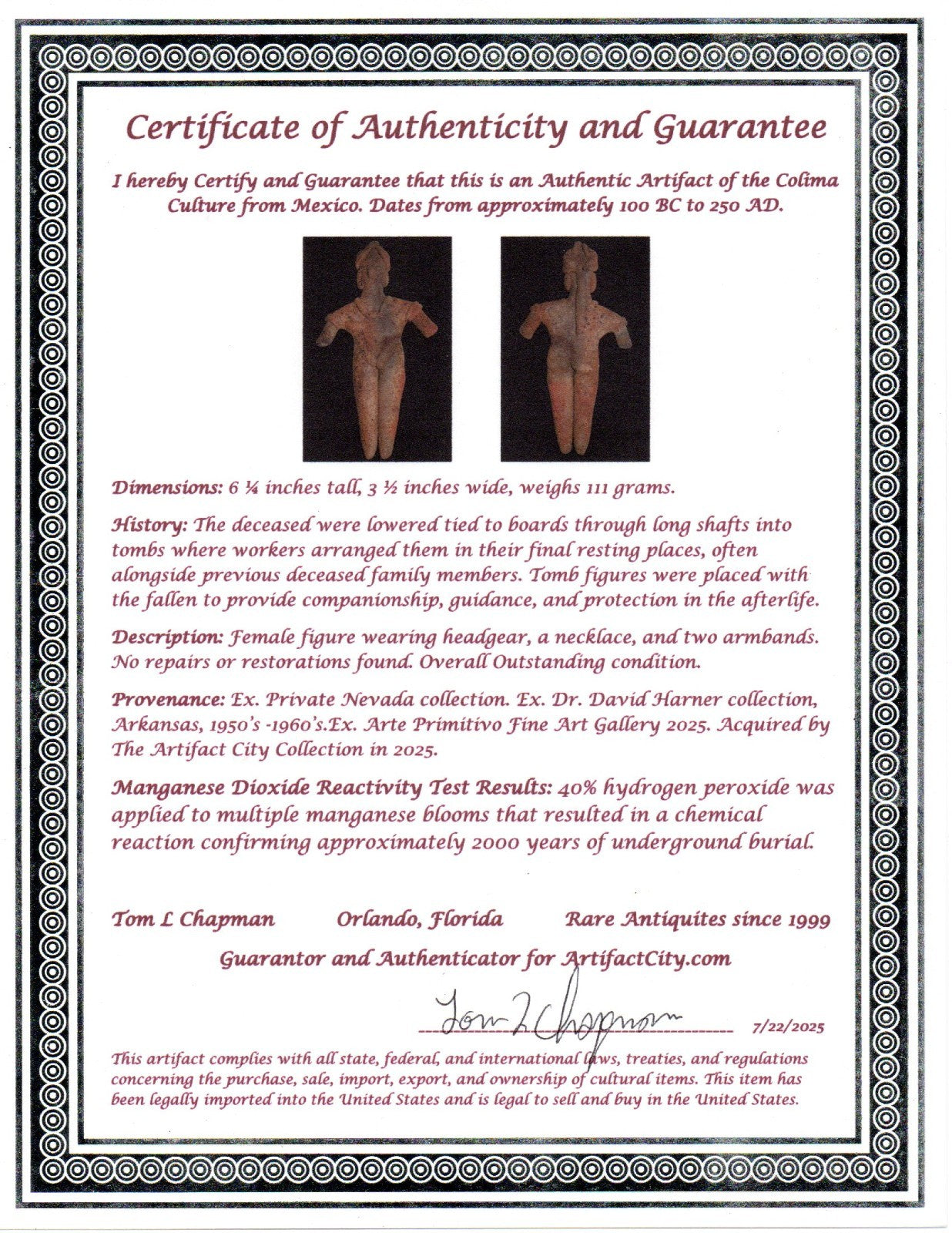 Pre Columbian Artifact 6 Inch Female Tomb Figure Colima Mexico 100 BC COA 242