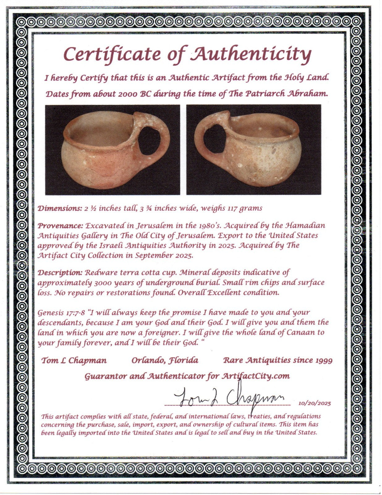 Time Of Abraham Holy Land Artifact Ancient 4000 Year Old Cup 2000 BC COA 23