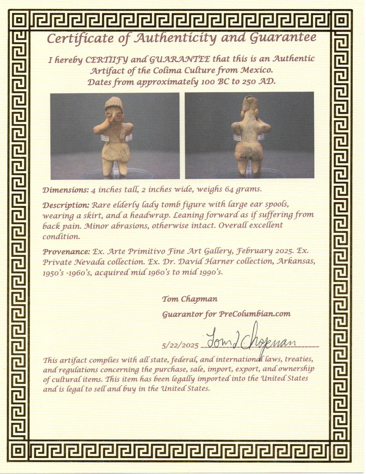 Pre Columbian Artifact Authentic Rare Grandma Tomb Figure Colima Mexico COA 148