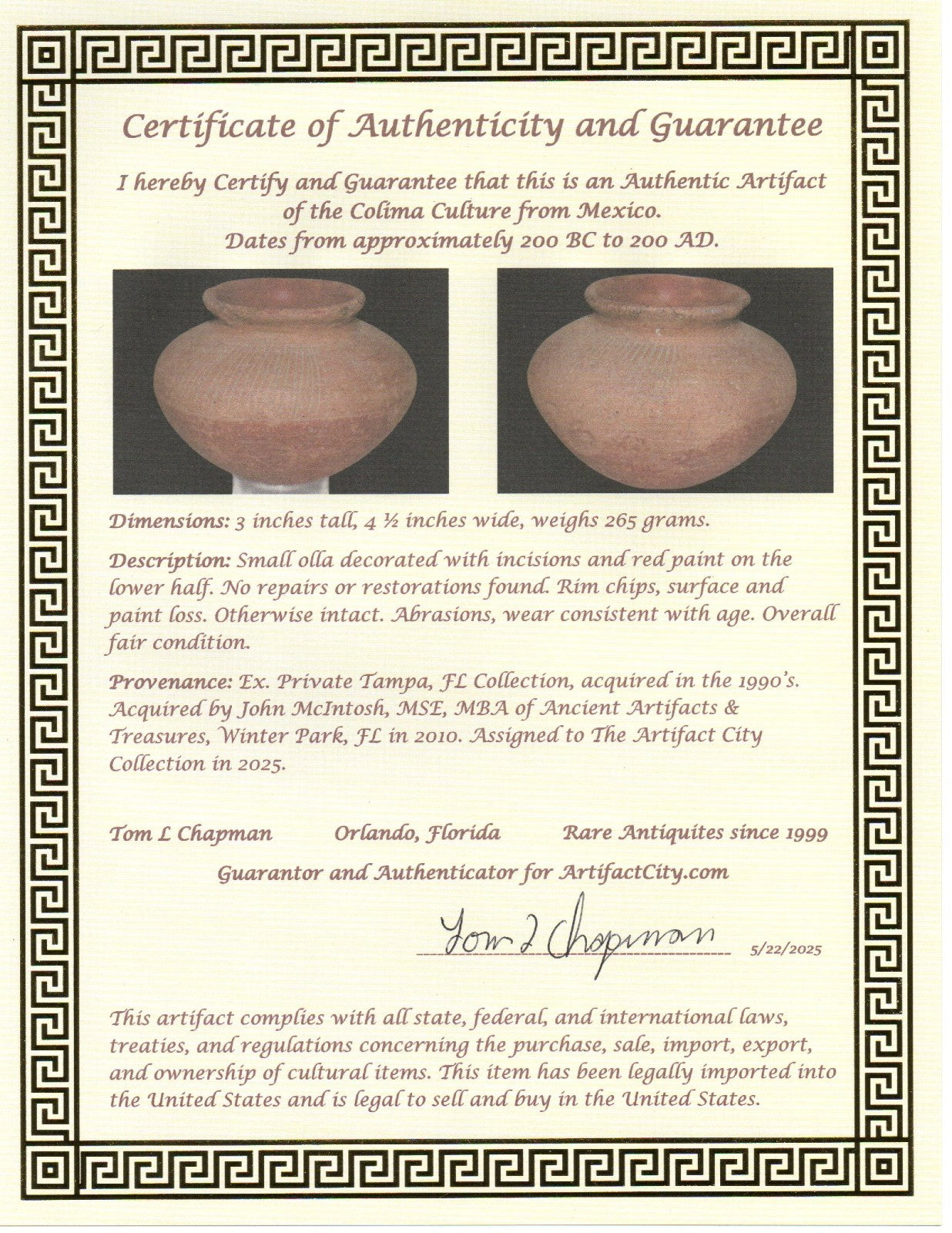 Pre Columbian Artifact Authentic Small Olla Colima Mexico 200 BC-200 AD COA J101