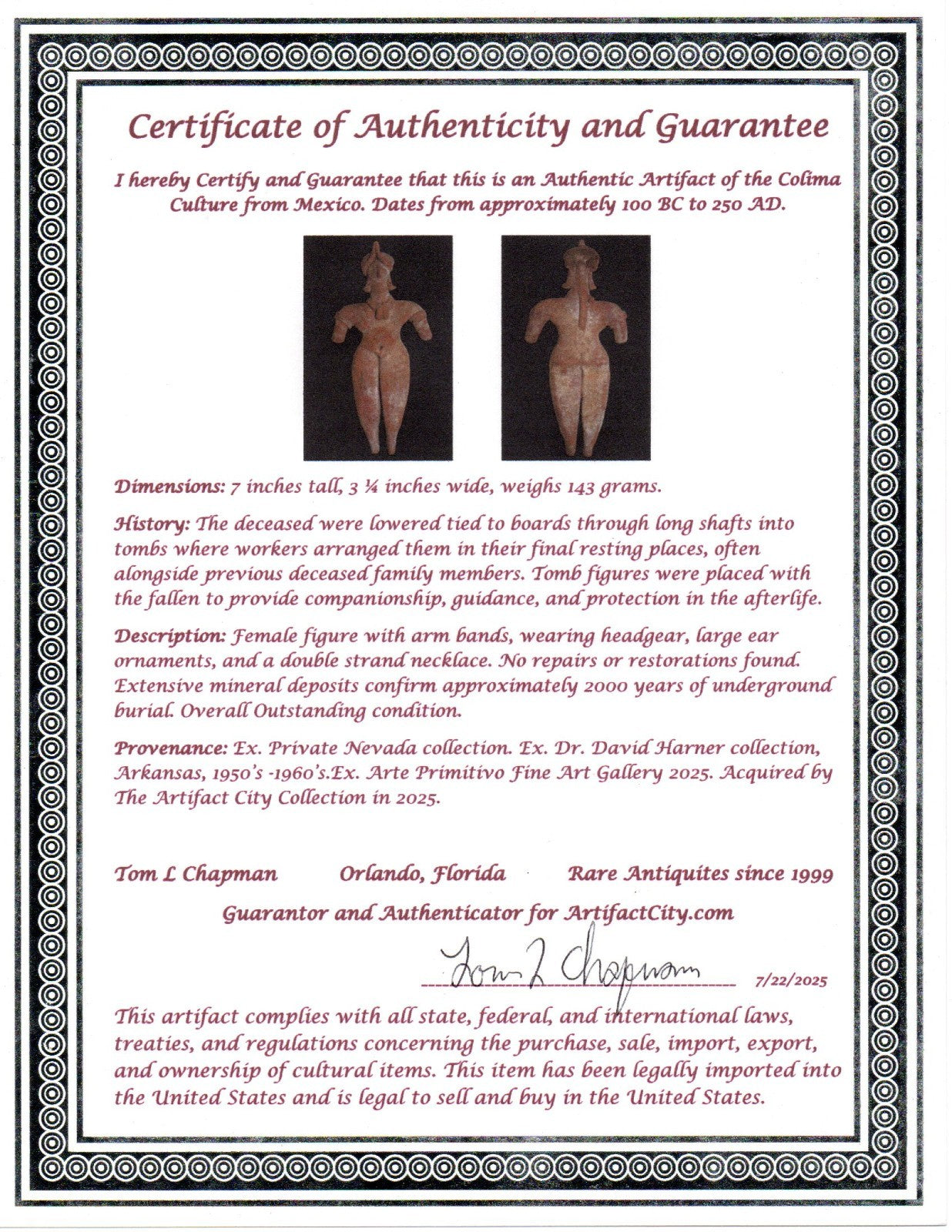 Pre Columbian Artifact 7 Inch Female Tomb Figure Colima Mexico 100 BC COA 241