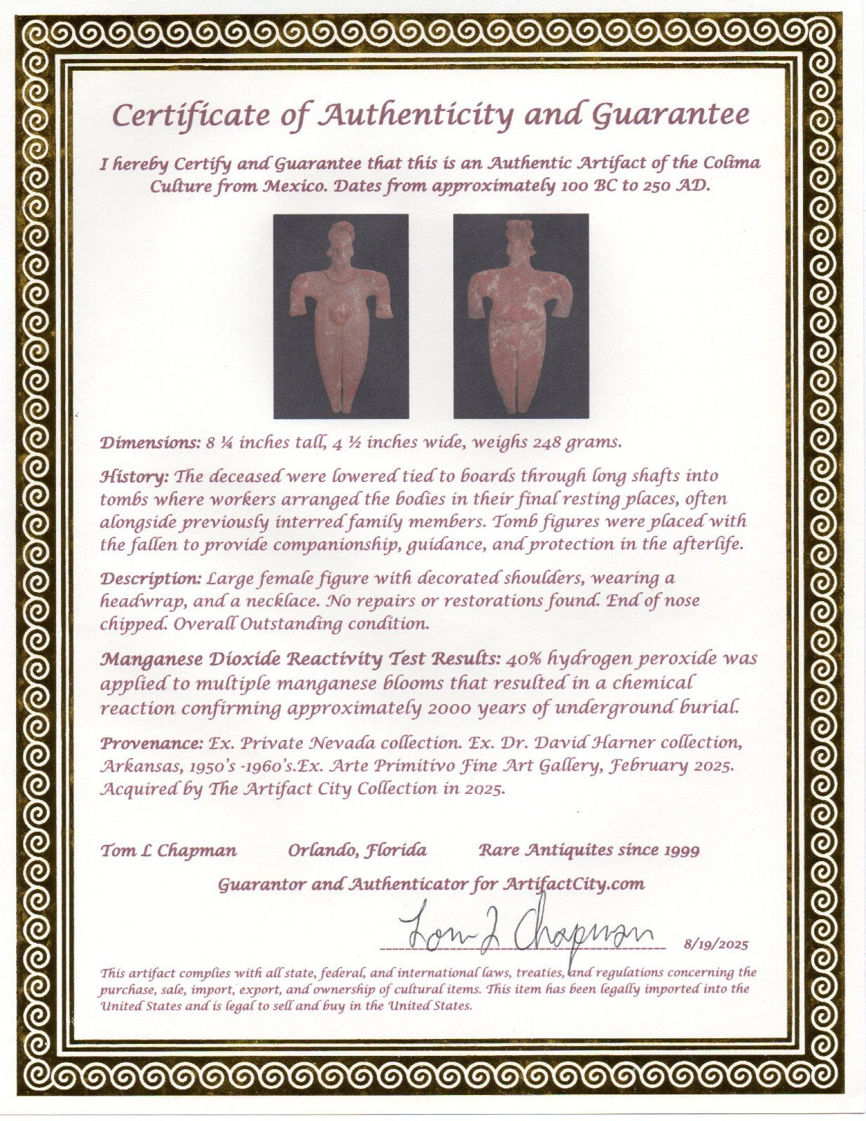 Pre Columbian Artifact 8 inch Female Tomb Figure Colima Mexico 100 BC COA 261