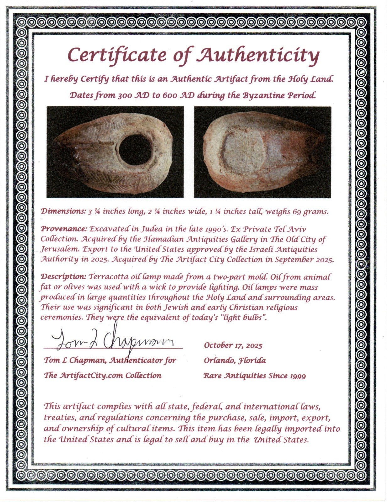 Oil Lamp Holy Land Ancient Artifact Jesus Christ Home Israel 300-600 AD COA 96