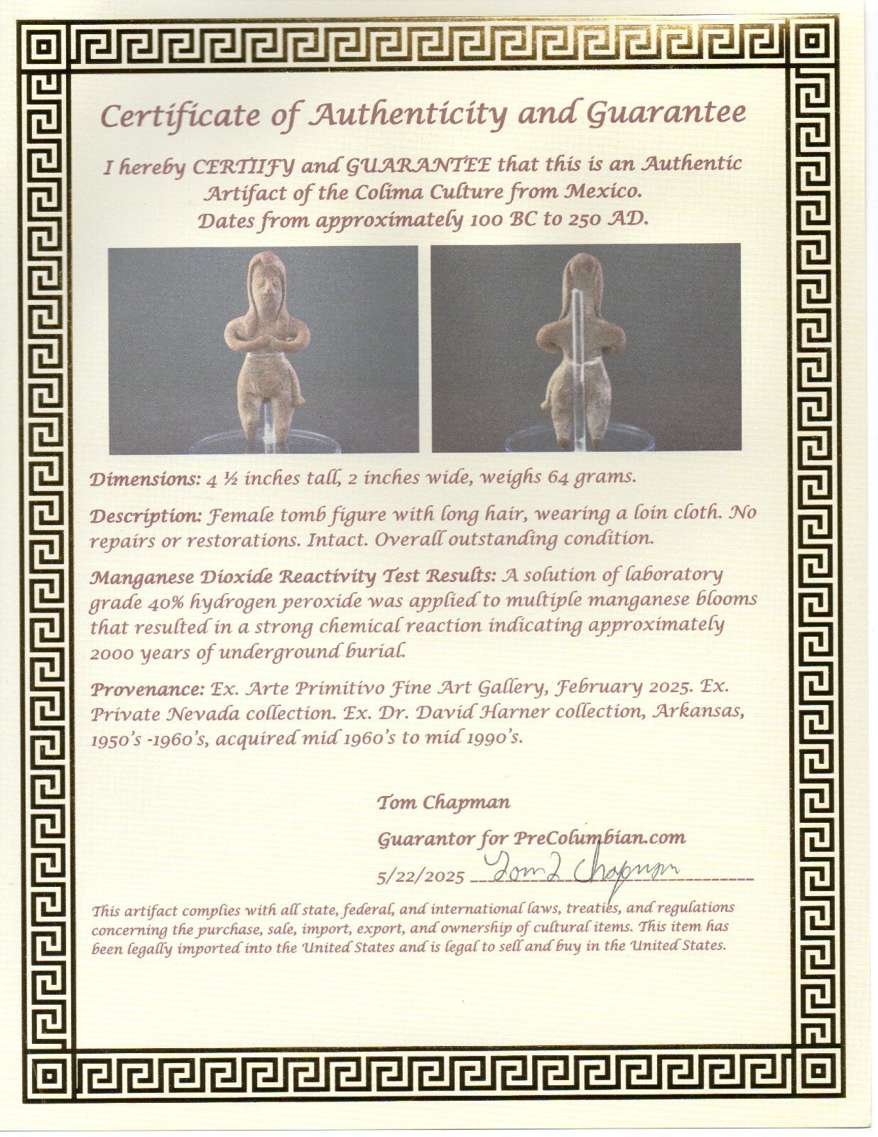 Pre Columbian Artifact Authentic Tomb Figure Colima Mexico 100 BC-250 AD COA 177