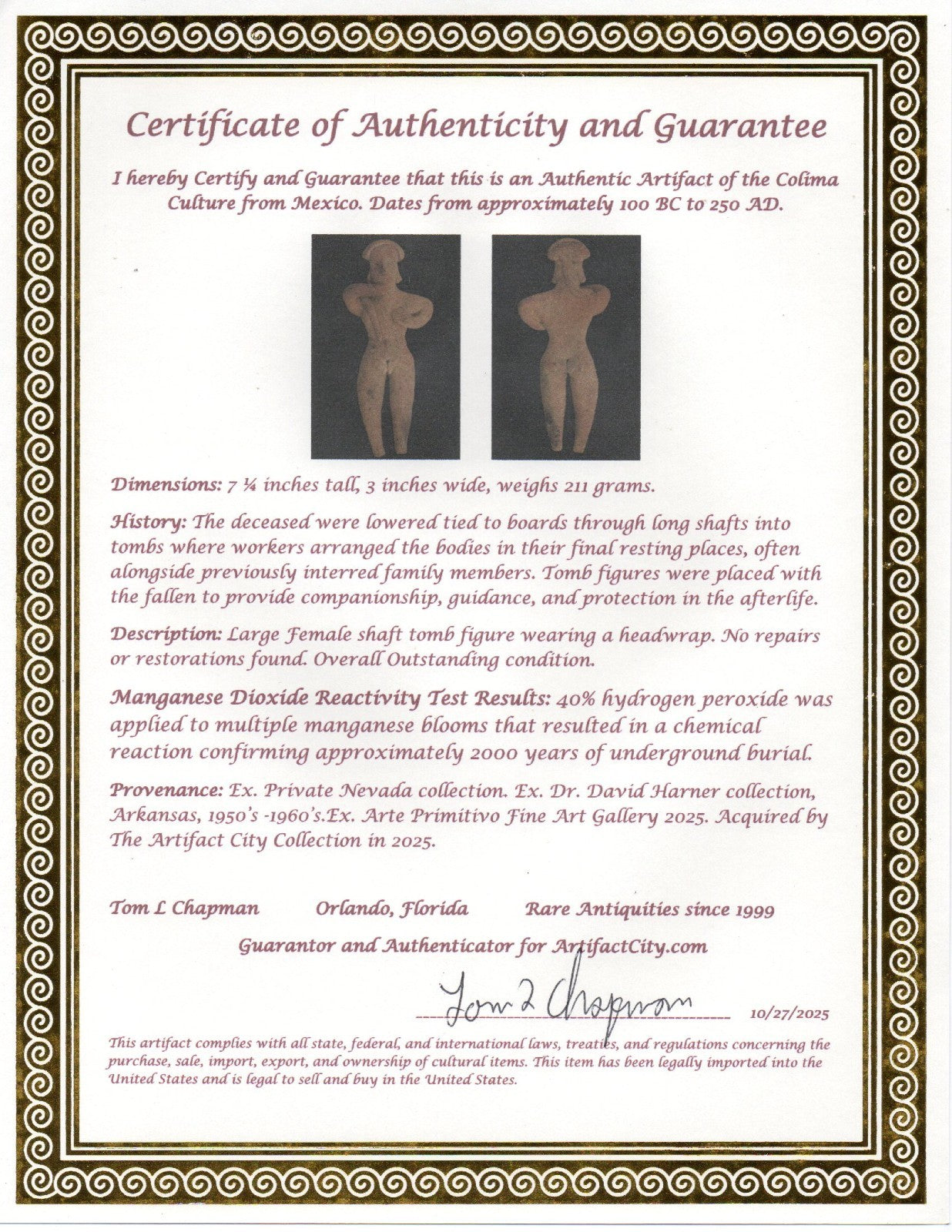 Pre Columbian Artifact 7 Inch Tall Shaft Tomb Figure Colima Mexico 100BC COA 283