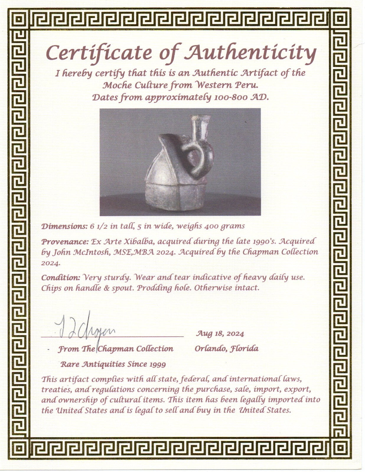 Pre Columbian Authentic Artifact House Stirrup Vessel Moche Peru COA J66