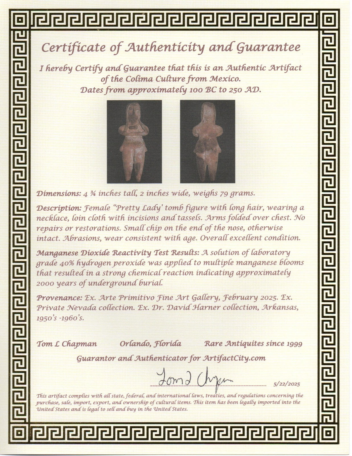Authentic Pre Columbian Artifact Pretty Lady Tomb Figure Colima Mexico COA 210