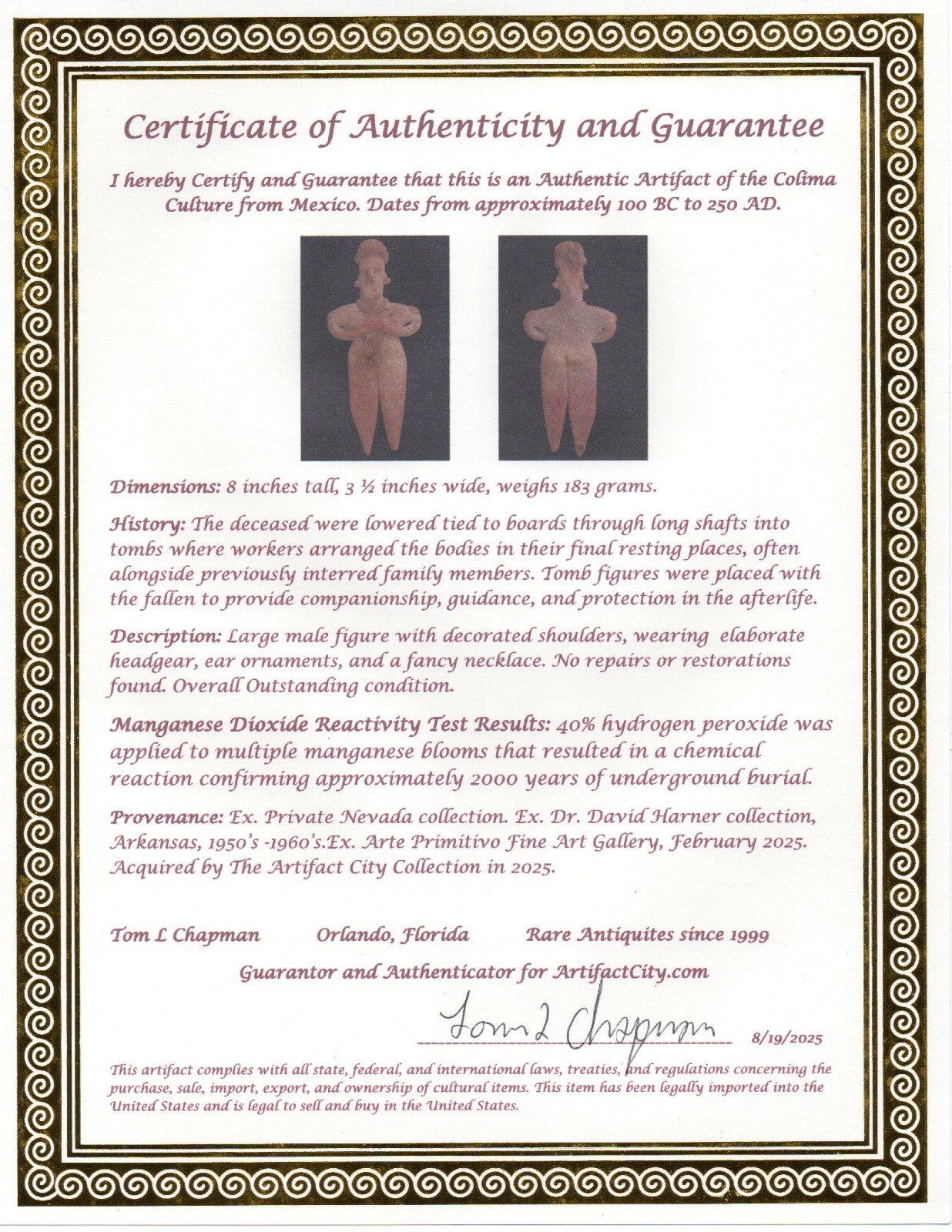 Pre Columbian Artifact 8 inch Male Shaft Tomb Figure Colima Mexico 100BC COA 262