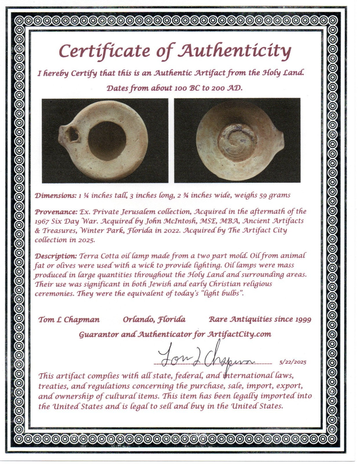 Ancient Holy Land Oil Lamp Artifact Home of Jesus Christ 100 BC-200 AD COA J151