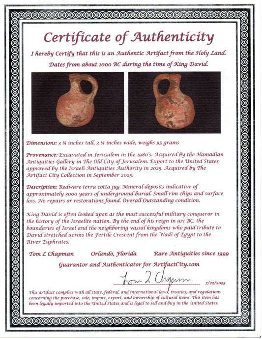 Ancient Holy Land Artifact King David Jug Land of Jesus Christ 1000 BC COA 17
