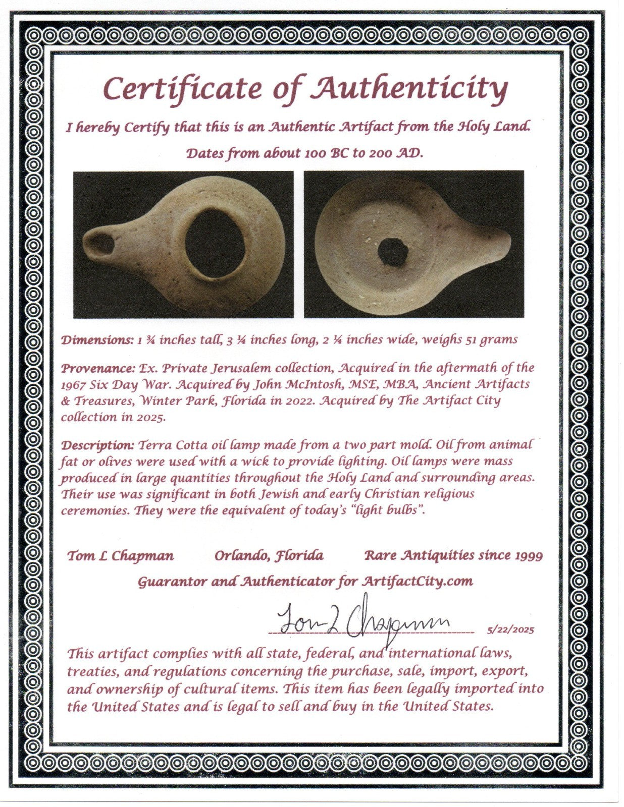Ancient Holy Land Oil Lamp Artifact Land of Jesus Christ 100 BC-200 AD COA J150