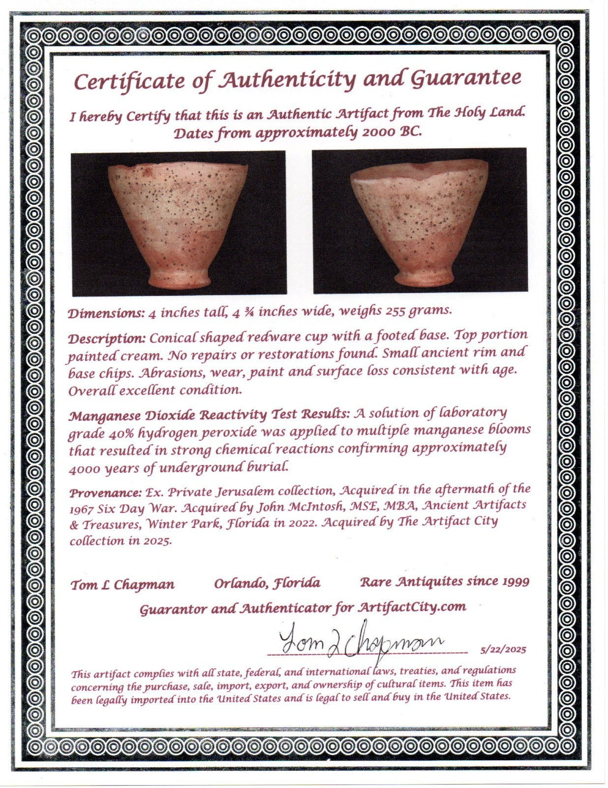 Holy Land Artifact Ancient 4000 Year Old Cup Time of Abraham 2000 BC COA J143