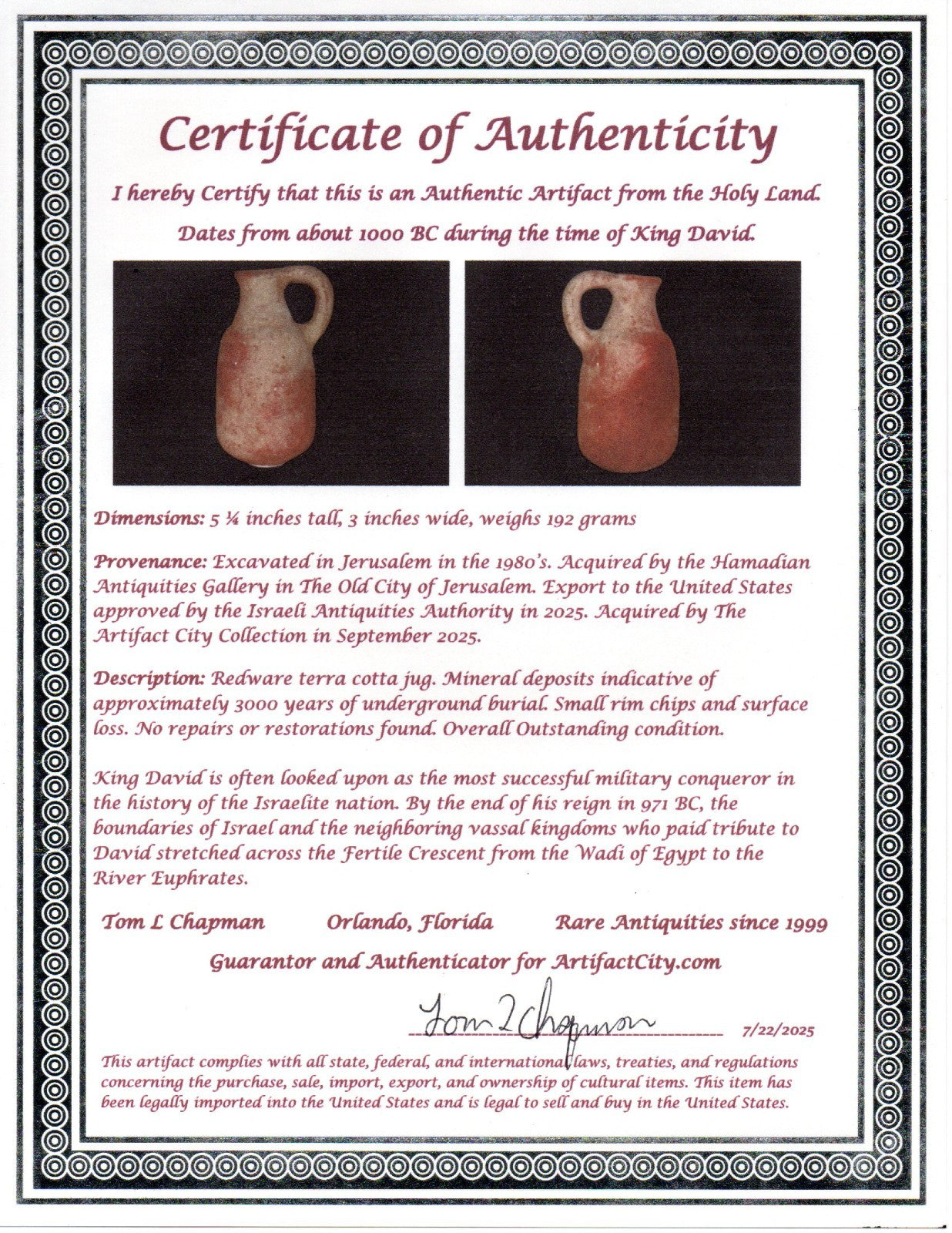 Ancient Holy Land Artifact King David Jug Land of Jesus Christ 1000 BC COA 20
