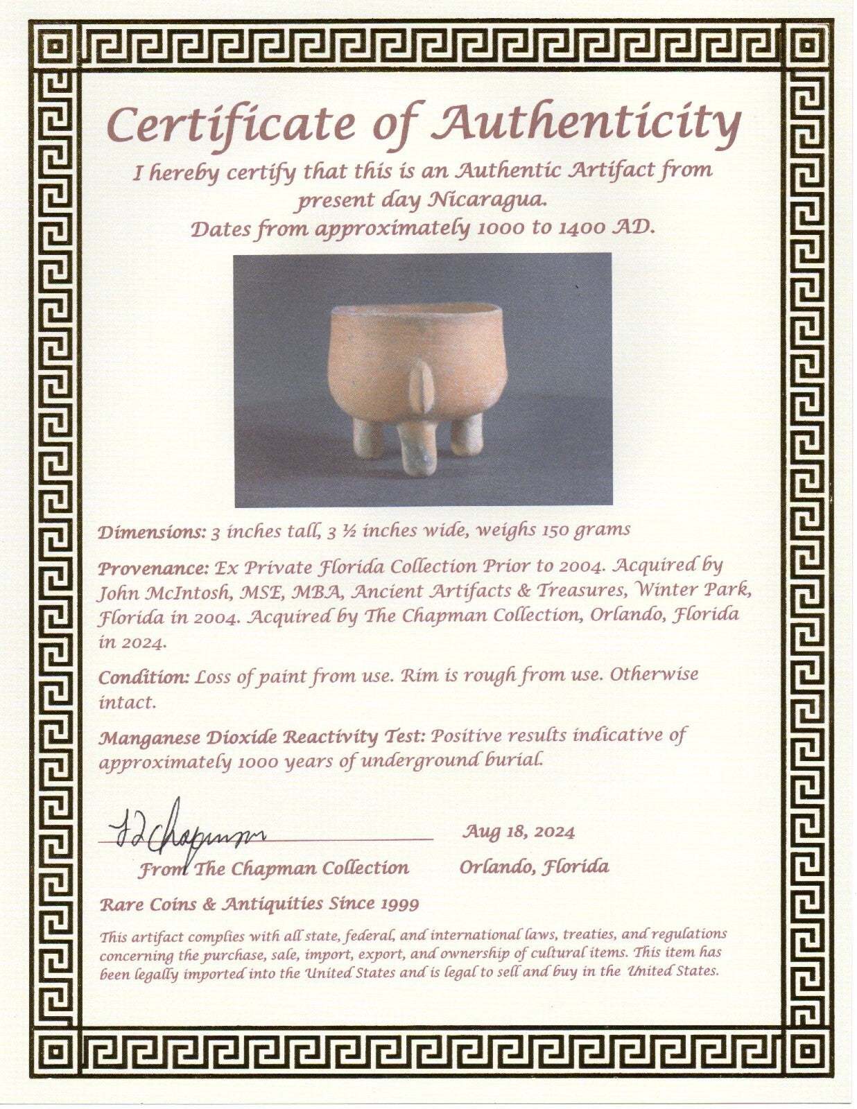 Pre Columbian Artifact Authentic Mini Tripod Bowl 1000-1400 AD Nicaragua COA J93