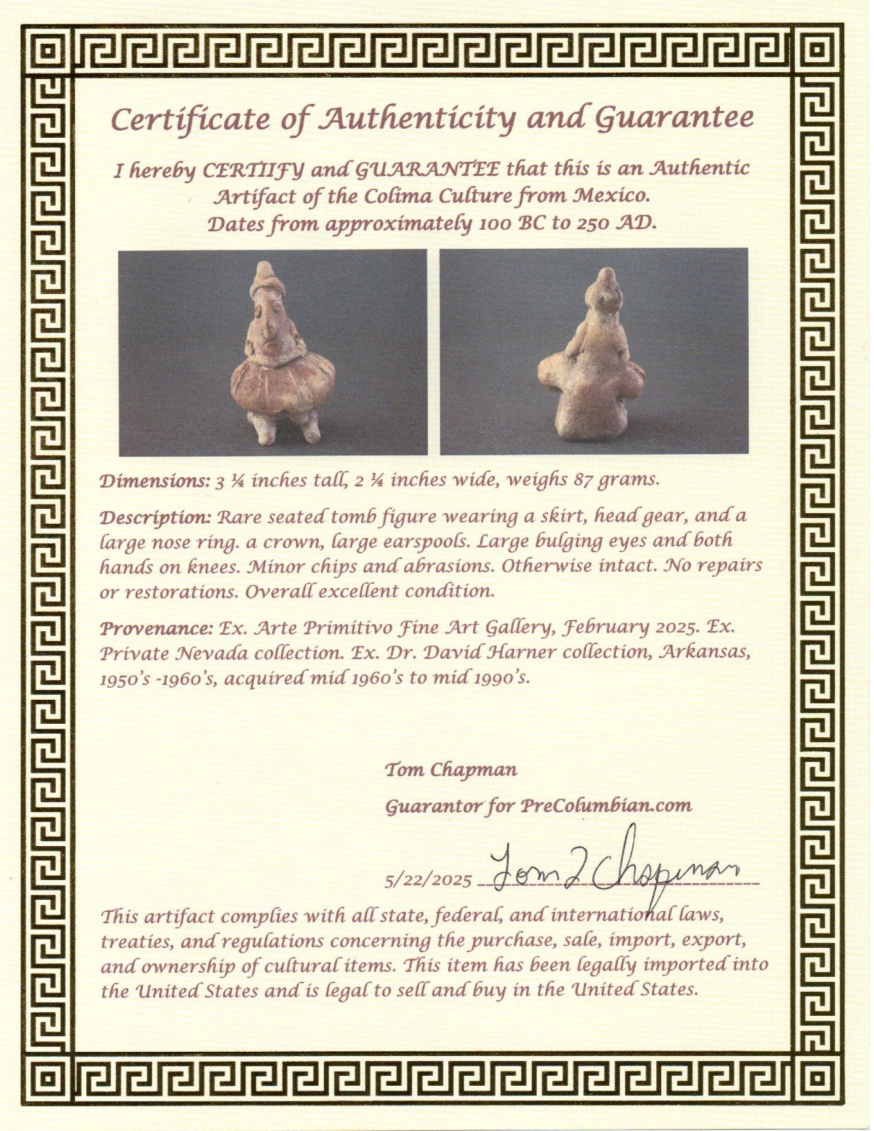 Pre Columbian Authentic Artifact Rare Skirted Tomb Figure Colima Mexico COA 181