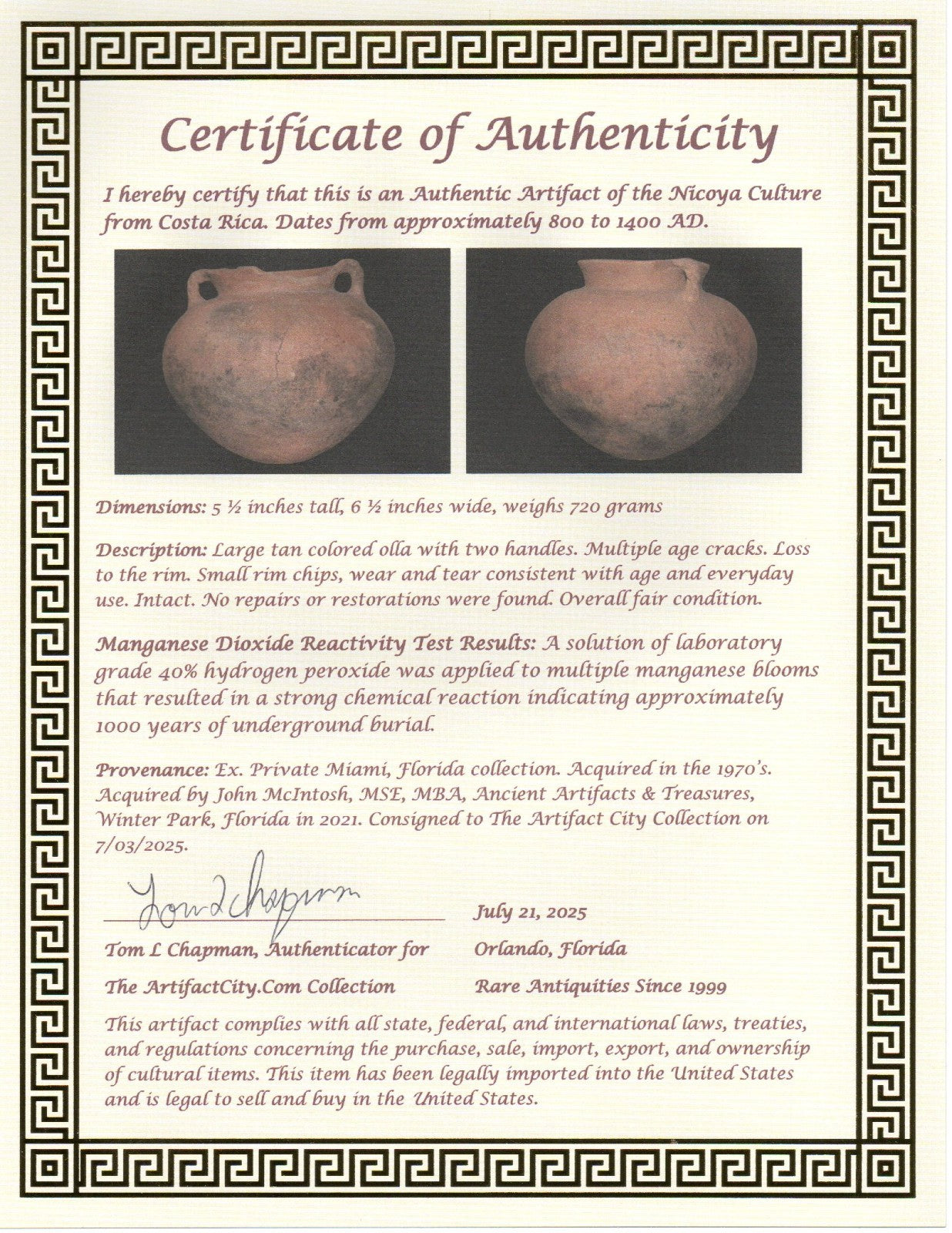 Authentic Pre Columbian Artifact Large Olla Nicoya Costa Rica 800-1400AD COA J70