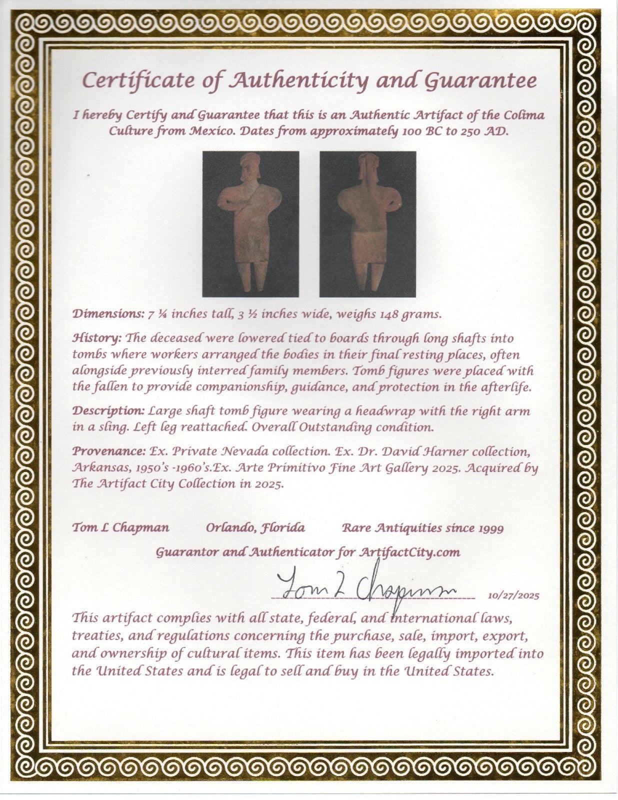 Pre Columbian Artifact Rare Arm in Sling Tomb Figure Colima Mexico 100BC COA 287