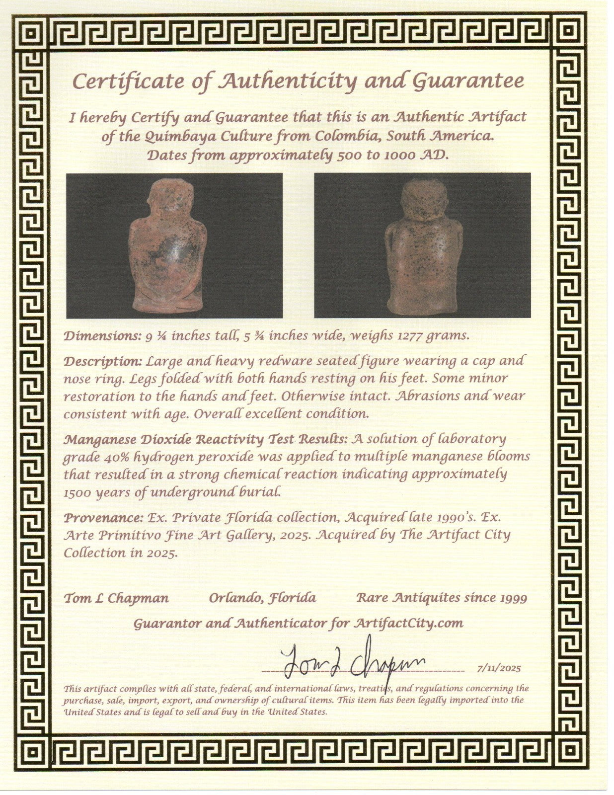 Pre Columbian Artifact Authentic Large Figure Quimbaya Colombia 500 AD COA 216