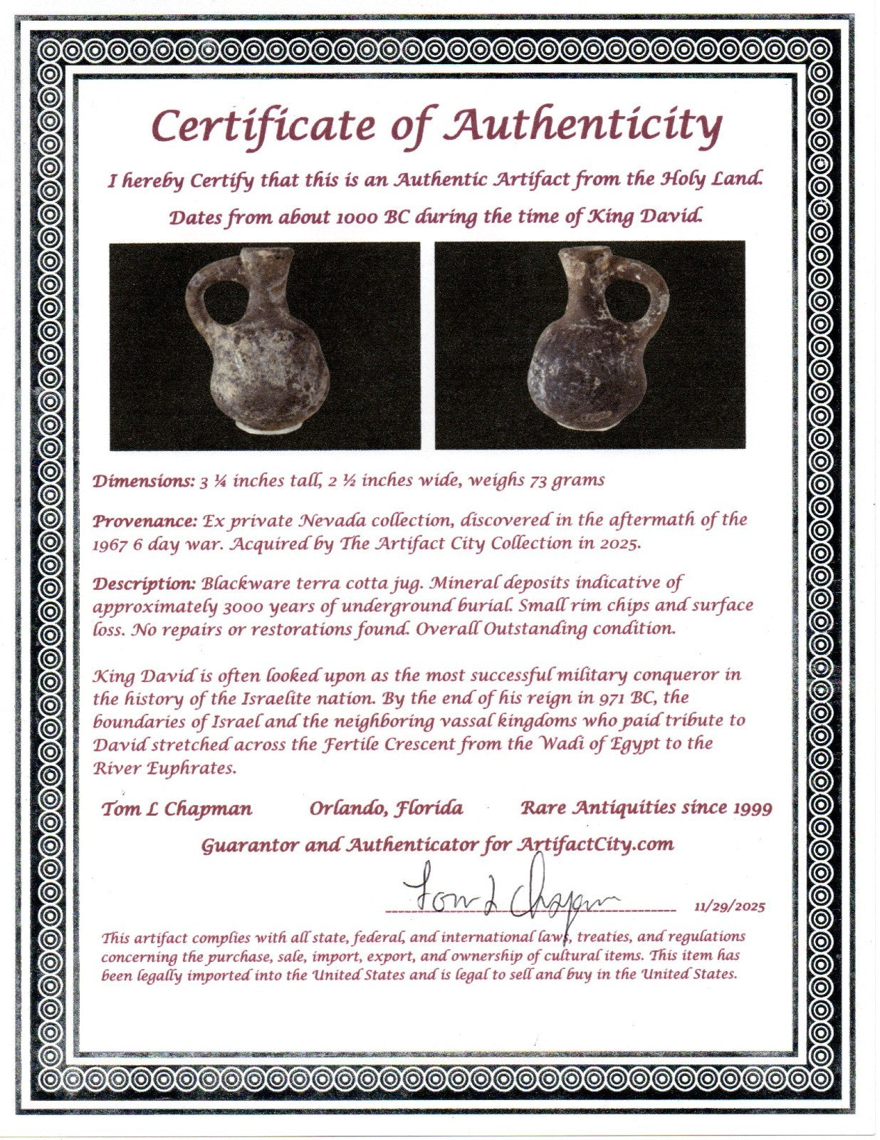 Time of King David Jugglet Ancient Holy Land Artifact Home of Jesus COA 41