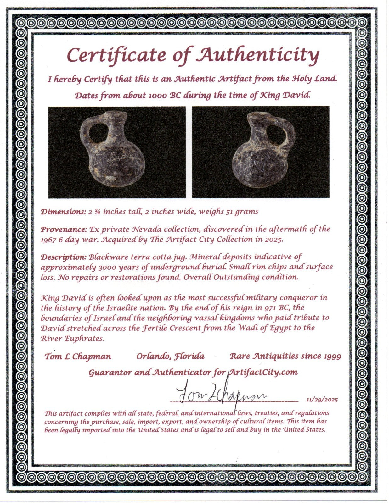 Time of King David Jugglet Ancient Holy Land Artifact Home of Jesus COA 36