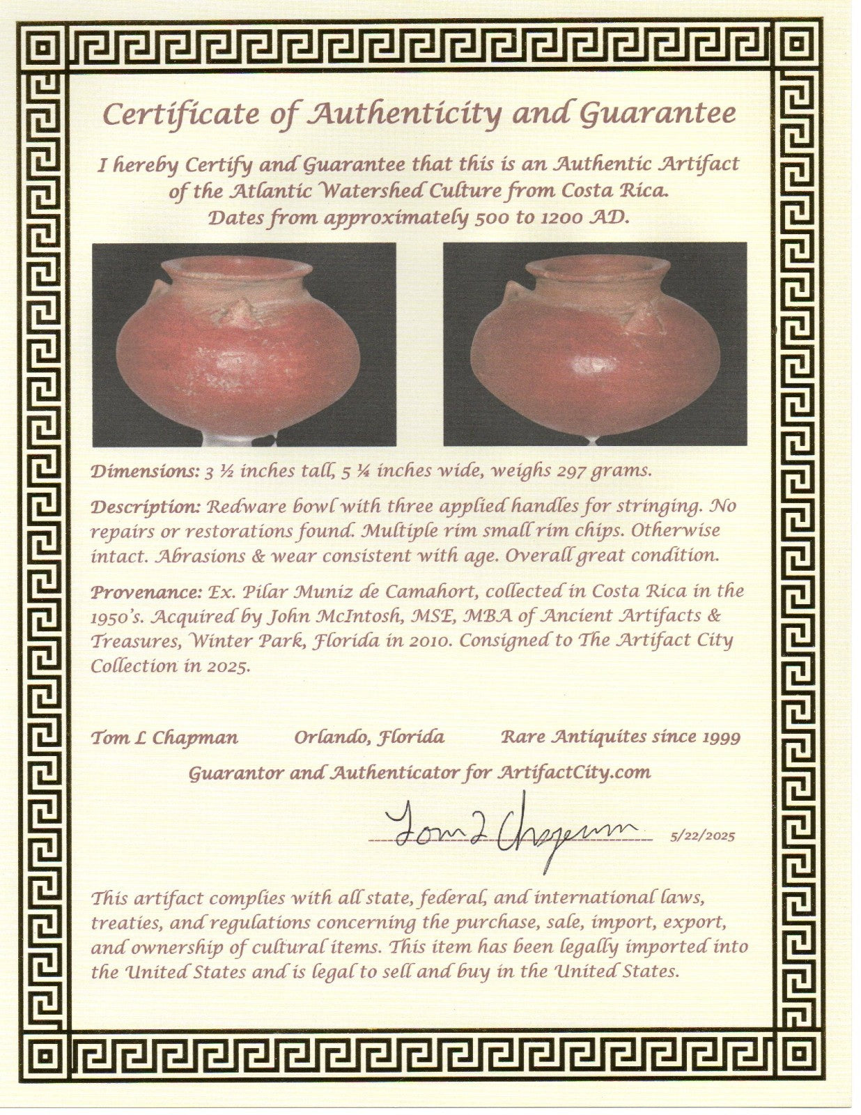 Pre Columbian Artifact Authentic Olla Atlantic Watershed Costa Rica COA J94